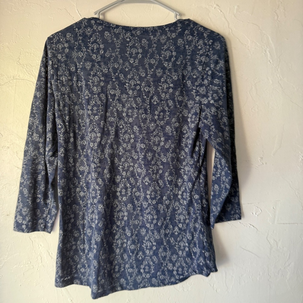 North River Navy Blue Floral Print 3/4 Sleeve V Neck Casual Top Blouse M Peasant - Picture 7 of 7